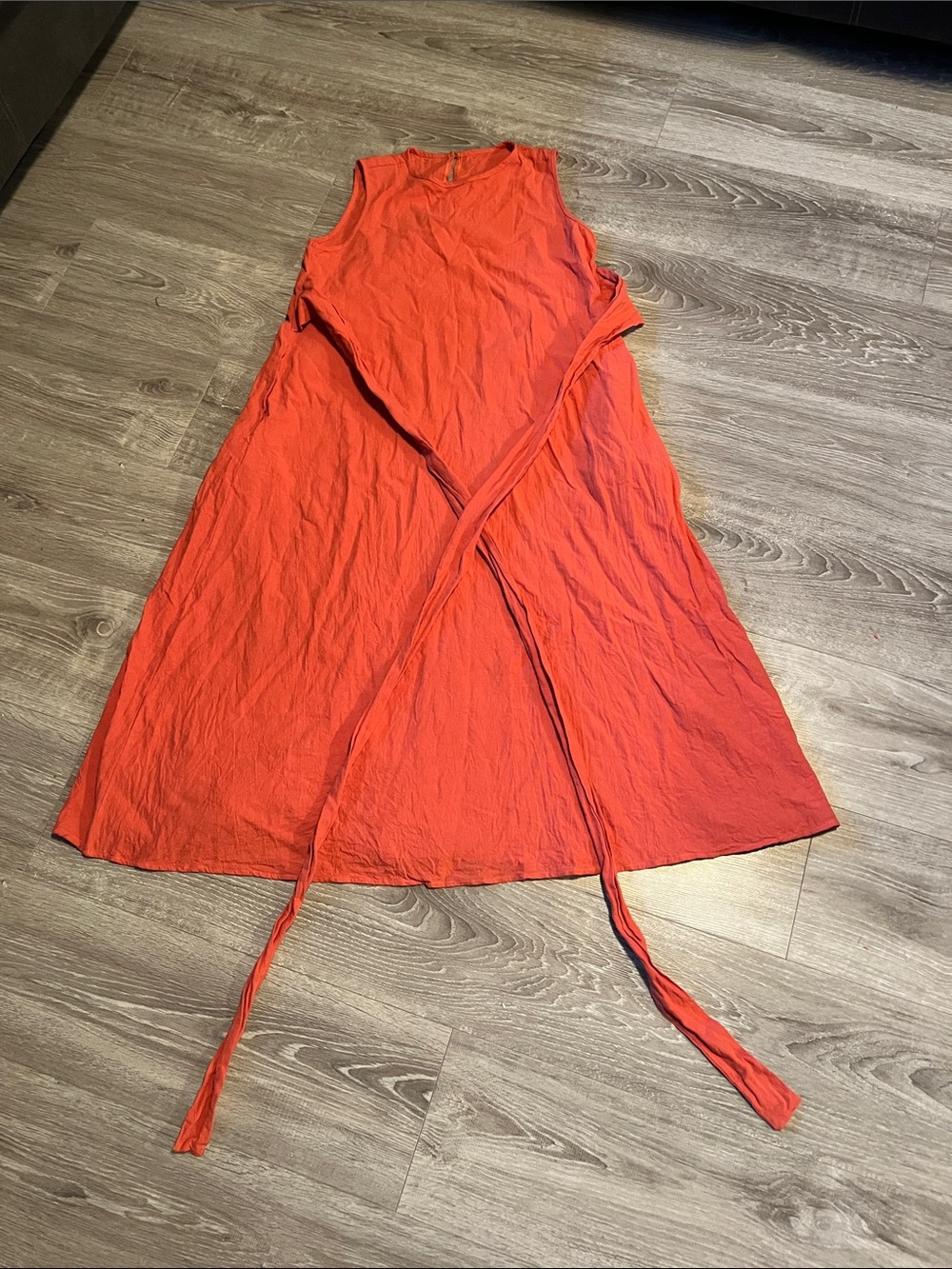 Women's Sleeveless 100% Cotton Tie-Waist crew neck long maxi dress in Yam Orange - Picture 5 of 16